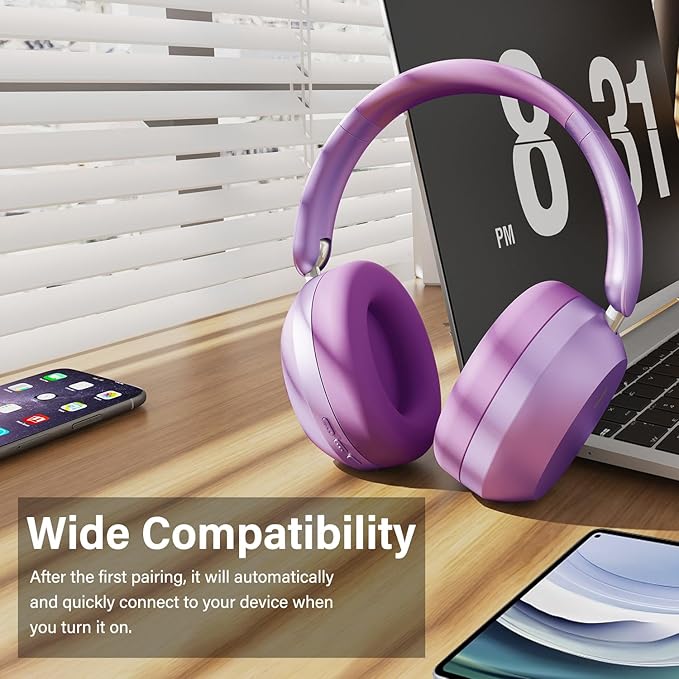 Y05 Bluetooth Headphones Wireless Over Ear with Microphone 48 Hours Playtime, High Sound Quality Foldable Soft Earpads Earphones for Travel - Purple