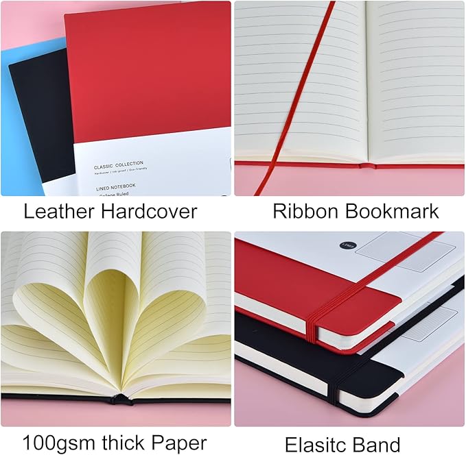 2 Pack B5 Journal Notebooks Classic College Ruled Notebooks Hardcover Lined Journals for Office Home School Business Writing Note Taking, 10.2 x 7.5 inch, 100GSM Thick Paper, 160 Pages (Black/Red)