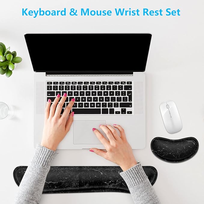 Dapesuom Enlarge Keyboard Wrist Rest, Memory Foam Wrist Cushion for Desk Mats Support, Cute Marble Pain Relief Keyboard Mouse Pad Rests Set with Non-Slip Base for Gaming Laptop Office Computer, Black