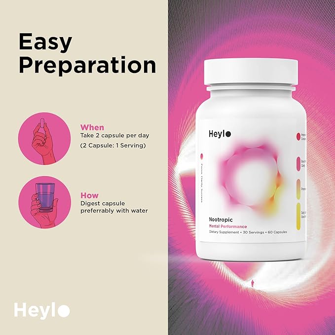 Heylo Nootropic Brain Supplement for Focus, Energy, and Memory | Cognizin® Citicoline, L-Theanine, PurCaf® Caffeine, Phosphatidylserine, B6 | 60 Capsules – Clean, Plant-Based Cognitive Support