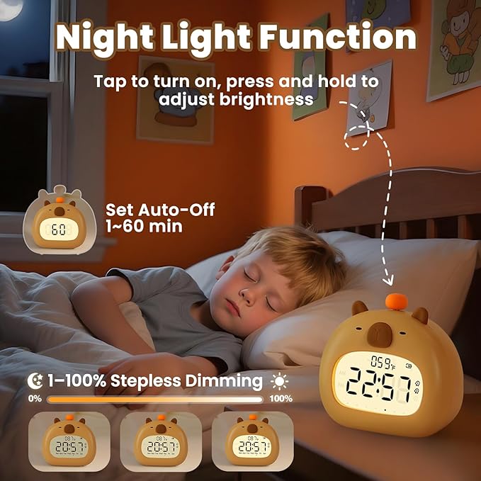 Capybara Alarm Clock with Night Light for Kids – Cute Digital Sleep Trainer with LED Display, 3 Alarms, Countdown Timer, Adjustable Brightness – Rechargeable Bedside Clock for Boys and Girls