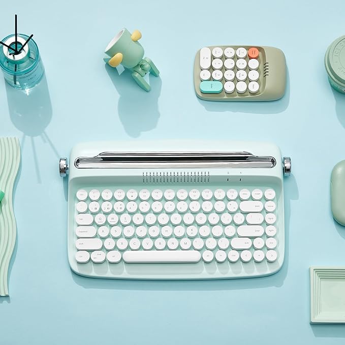 YUNZII ACTTO B303 Wireless Typewriter Keyboard, Bluetooth Connection, Cute Retro Aesthetic Design with Integrated Stand for Tablet, Phone, PC and Win/Mac/Android (B303, Sweet Mint)