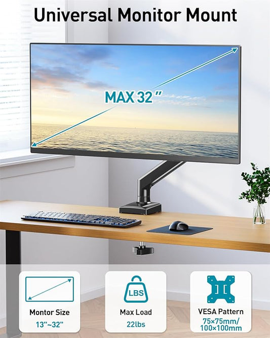 Single Monitor Arm Desk Mount Fits 13 to 32 inch Computer Screens, Holds 4.4 to 22lbs Display VESA Mount, Adjustable Monitor Stand with Clamp/Grommet Mounting Base, 75/100mm Bracket, Black, Freelift