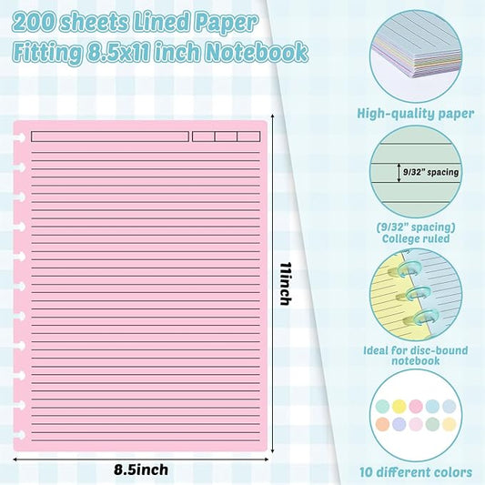gisgfim 200 Sheets Letter Size Discbound Lined Refill Paper 8.5 x 11 Inch College Ruled Notebooks Planner Inserts 11 Disc Discbound Loose Leaf Paper Thicken for Writing School Office Supplies(Macaron)