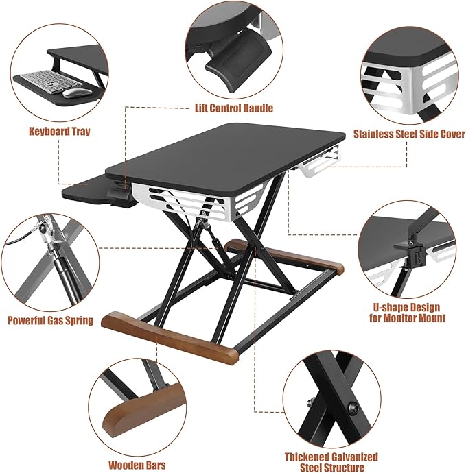 Height Adjustable Standing Desk Converter with Keyboard Tray, 26x16 Inch, Sit to Stand Desk Riser with Elegant Side Cover and Wooden Feet, Compact Monitor and Laptop Riser for Home & Office, Black