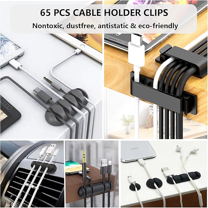 311Pcs Cable Management Organizer Kit 4 Cable Sleeve Split,53Cable Clips 12Cord Clips Holder,22 Cable Ties, 20 Adhesive Wall Cable Tie, 200Fasten Cable Ties for TV Office Home Electronics