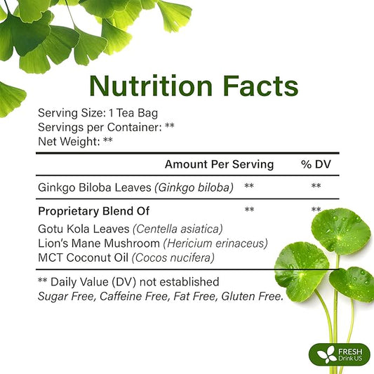 FreshDrinkUS, Memory Brain Booster Herbal Tea – 40 Tea Bags – Ginkgo Biloba, Gotu Kola, Lion's Mane & MCT Coconut Oil – Smooth, Earthy Flavor – Caffeine-Free – Daily Herbal Blend for Anytime Use