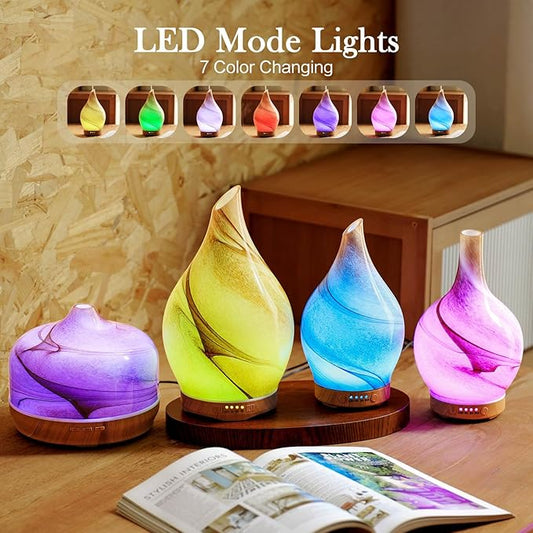 Porseme 150ml Essential Oil Diffuser Glass Color Changing Aroma Air Diffusers Aromatherapy Ultrasonic Cool Mist Humidifier 6 Running Hours Waterless Auto-Off for Sleeping, Yoga, Office, Spa (Desert)