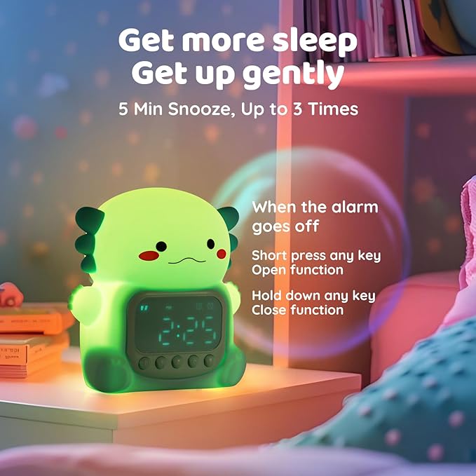 Axolotl Alarm Clock with Night Light for Kids, Rechargeable Silicone Lamp Time to Wake Clock Cute Animal Tabletop Lamp, Perfect Sleep Companion for Boys Girls, Green
