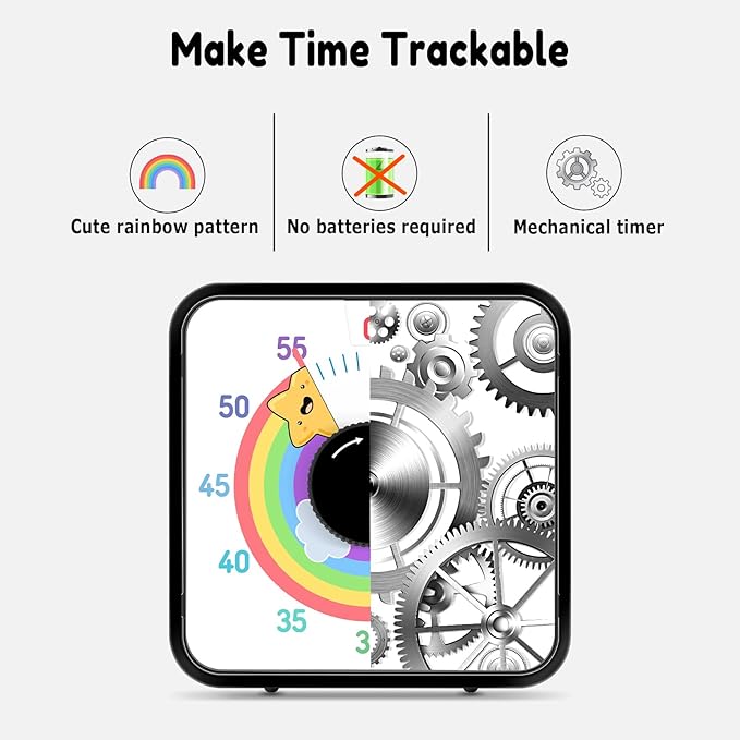 Secura 60-Minute Visual Timer, 7.5 Inch Magnetic Rainbow Countdown Timer for Classroom or Kitchen, Durable Mechanical Timer Clock with Magnetic Backing (Black & Star)