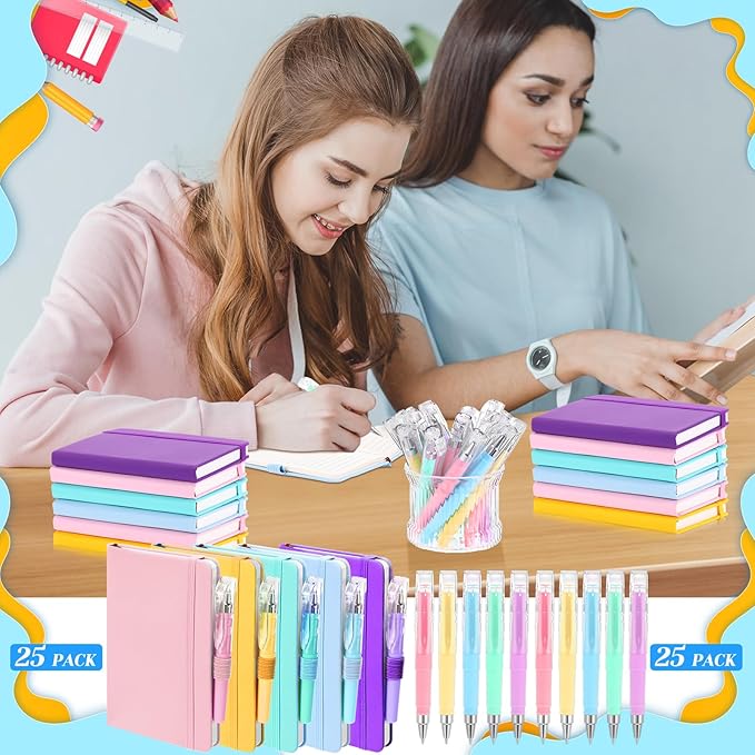 Sayglossy 25 Pack Pocket Small Notebook Journals with Pen 5.6'' x 3.7'' Mini Journaling Notepads A6 Ruled Journals Hardcover Lined Notebook Bulk with Pen Holder for Office School Memo(Macaron Colors)