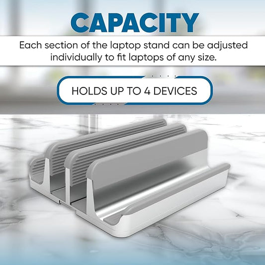 Elestoria 4 Device Vertical Laptop Stand – Adjustable Desktop Dock for MacBook, Dell, HP, Lenovo, iPad, Tablets & Phones – Multiple Slot Holder (Fits Up to 17.3") – Silver