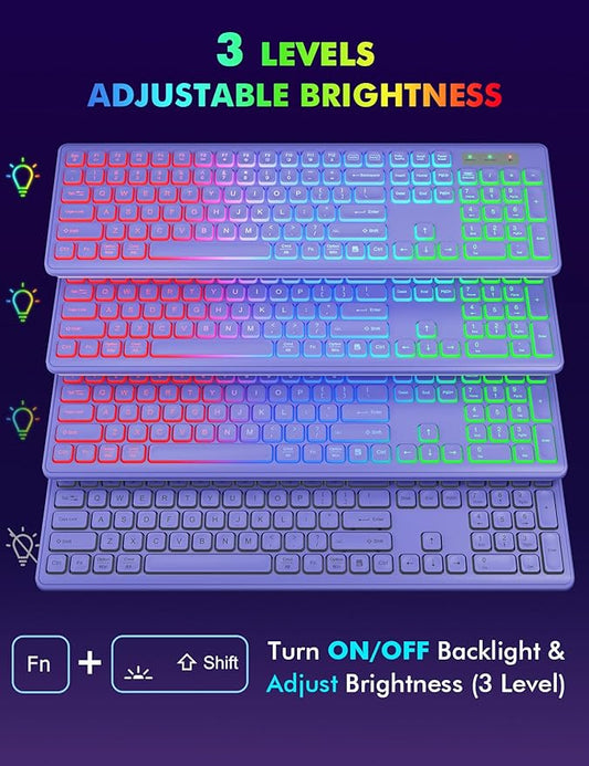 Wireless Keyboard and Mouse Combo, RGB Backlit, Rechargeable & Light Up Letters, Full-Size, Ergonomic Tilt Angle, Sleep Mode, 2.4GHz Quiet Keyboard Mouse for Mac, Windows, Laptop, PC, Trueque(Purple)