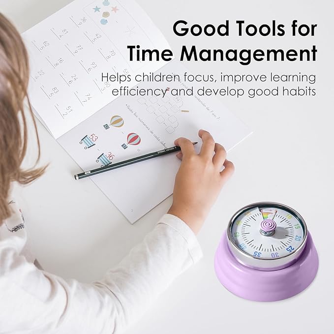 Visual Timer for Kids Rainbow Kitchen Timer with Magnetic Base Mechanical Timer 60-Minute Countdown Timer Ringer Alert Time Management Tool for Children and Adults Study Work Cooking, Purple