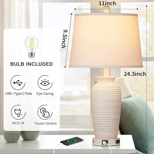 24.3" Farmhouse Jar Table Lamps Set of 2, 3 Way Touch Control Rustic Bedside Lamps with USB A+C Ports & AC Outlet, Pot Nightstand Lamps for Bedroom Living Room (LED Bulbs Included)