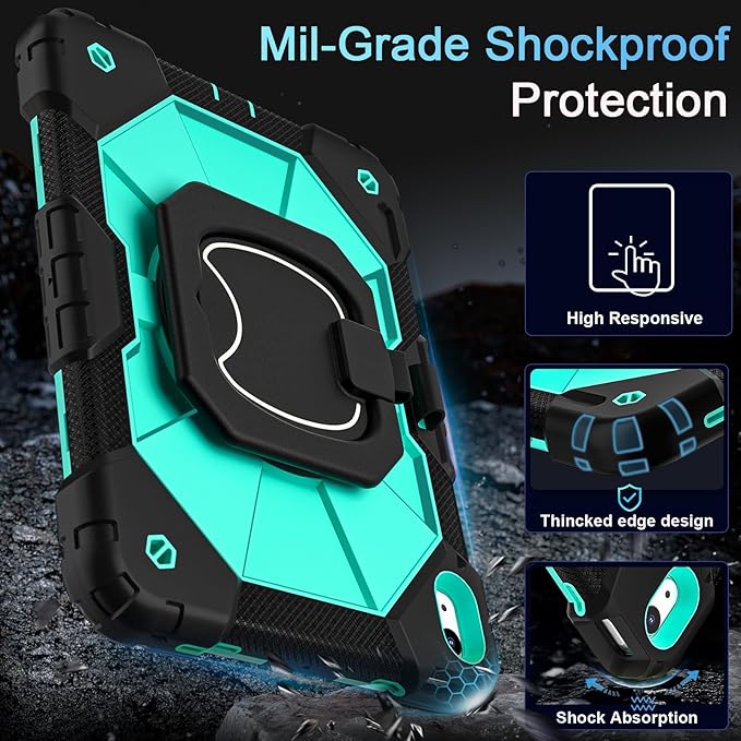 Case for iPad (A16) 11th/10th Generation 2025/2022,Kids Friendly iPad Case 10th Generation with Rotating Stand Screen Protector,Shockproof Cover for i Pad 11.0/10.9 Inch C ase,Black Mint