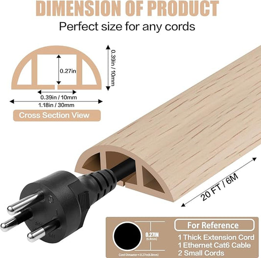 Floor Cord Cover Self Adhesive Cord Hider,20FT Cable Management, Extension Strip Protector for Wires, Prevent Cable Trips for Offices, Gyms, Exhibitions Cavity:0.39"(W) x 0.27"(H) Yellow Wood