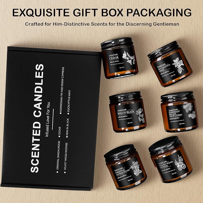 Scented Candle Set | Men Candle Set - 6 Pack Candles for Home Scented, Aromatherapy Candle for Men,150 Hour Burn Time, Masculine Candles Gifts for Birthday, Father's Day