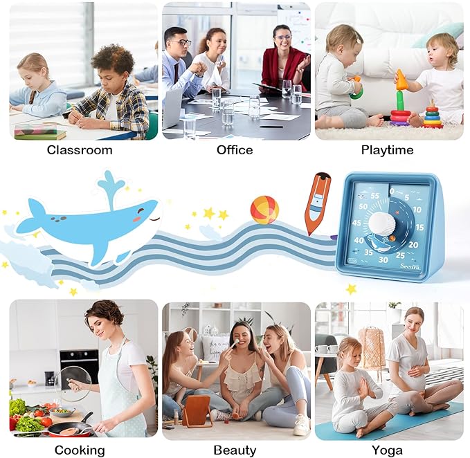 Secura 60-Minute Visual Countdown Timer for Kids & Classroom, Pomodoro Time Management Tool (Blue & Blue)
