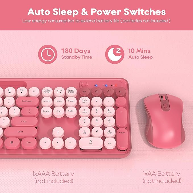 Wireless Keyboard and Mouse Combo, Retro Round Keycaps, Cute Full-Size Typewriter Keyboard with Phone Holder, Sleep Mode, Click Soft, 2.4GHz Cordless Connection for Windows/PC/Laptop (Pink-Colorful)