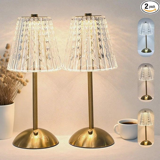 2 Pack Crystal Table Lamp, 5000mAh Rechargeable Battery Lamp with Touch Control, 3 Color Temperatures, Dimmable Brightness, Matte Aluminum Light for Bedroom/Bar/Kitchen/Outdoor, Home Décor