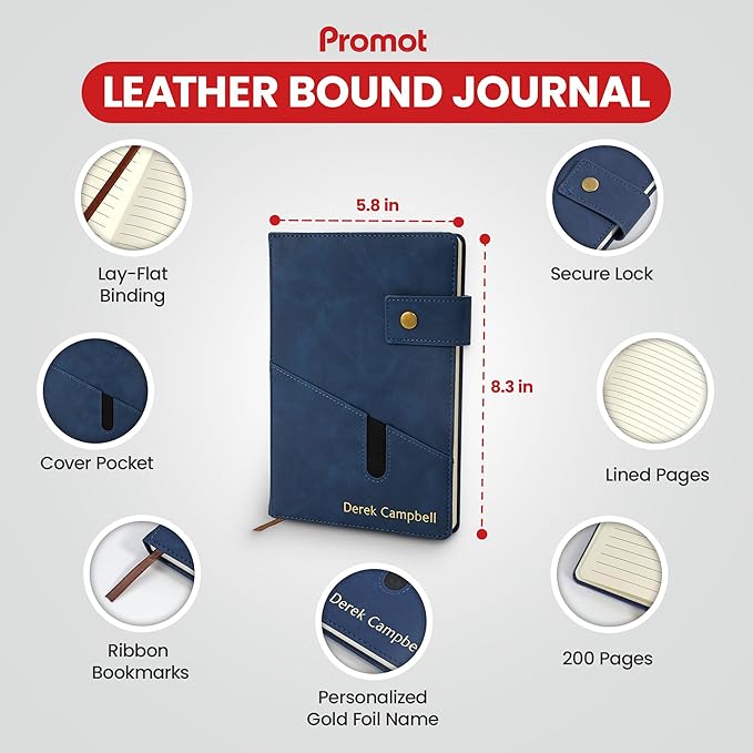 Promot Personalized Notebook - A5 Lined Leather Bound Journal for Writing Women Men - Hardcover Executive Notebook, Daily Journal, Travel Diary, Gift Idea, Custom Embossed Text with Gold Metallic Foil