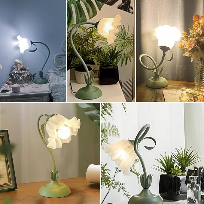Cute Flower Table Lamp, Bedside Vintage Flower Lamp with LED Bulb, 3 Colors Temperature Flower Lamp for Bedroom Living Room Bedside Desk Reading Lighting Table Lamps Home Decoration (Green)