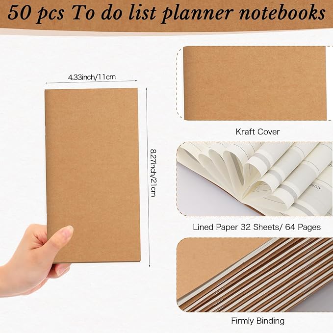 Qilery 50 Pcs 2025-2026 Daily Weekly Planner Bulk Christmas Employee Appreciation Gifts Small Pocket Journal to Do List Goals Notepad for Coworkers Teacher Students Team (Kraft Paper Color)