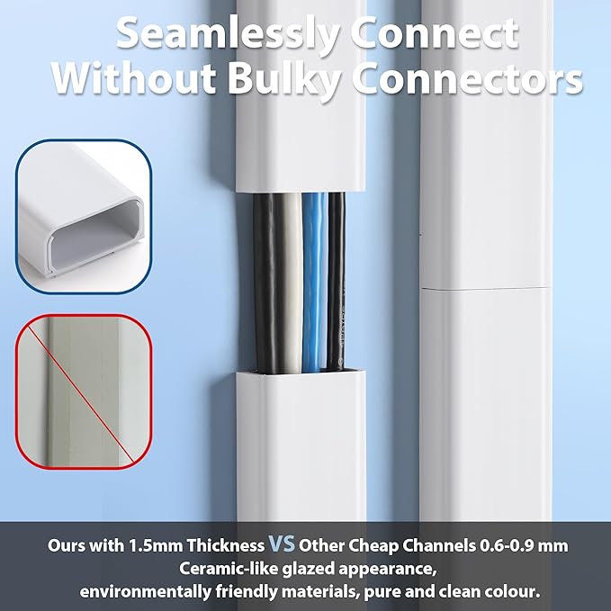 Cord Hider Wall 48in (3X L16in), X-Large Cable Management Kit for 4-7 Wires, Self-Adhesive Cord Organizer, TV Wire Cover Hide Cords Wall Mounted TV, Cable Raceway White, W1.5in H0.8in