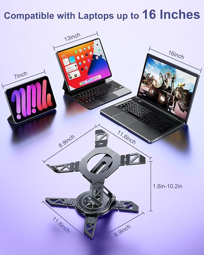 Adjustable Laptop Stand for Desk - Foldable Gaming Laptop Stand with 2 360° Rotating Base - Ergonomic Desk Laptop Holder Riser for MacBook Pro/Air Dell Lenovo HP 11"-16" Laptops