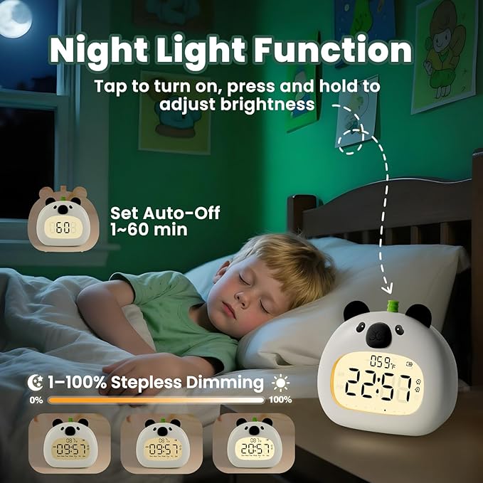Panda Alarm Clock with Night Light for Kids – Cute Digital Sleep Trainer with LED Display, 3 Alarms, Countdown Timer, Adjustable Brightness – Rechargeable Bedside Clock for Boys and Girls
