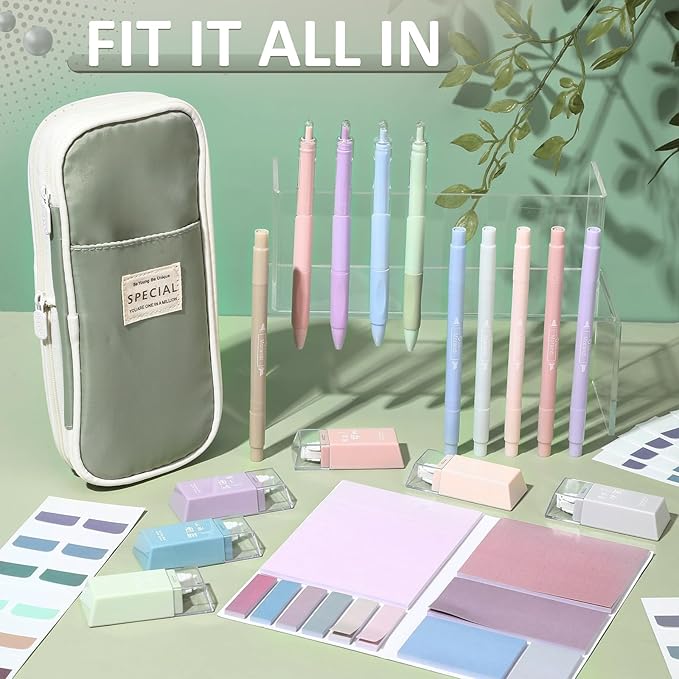 Janlaugh 38 Pcs Aesthetic College School Supplies with Pen Case Sticky Notes Gel Pens Highlighters Correction Tapes Back to School Stationery Kit(Morandi Color,Cute)