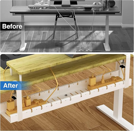 No Drilling Under Desk Cable Management, Metal Cable Management Tray Under Desk with Clamp, Retractable Power Strip Cord Holder for Wire Management 31Inch (2 Pack White)