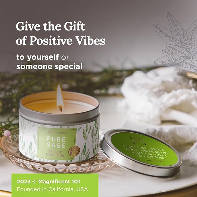 Magnificent 101 Long Lasting Pure Sage Smudge Candle - 6 Oz - 35 Hour Burn Time - Soy Wax Candle for House Energy Cleansing, Aromatherapy & Manifestation - Spiritual Gifts for Women