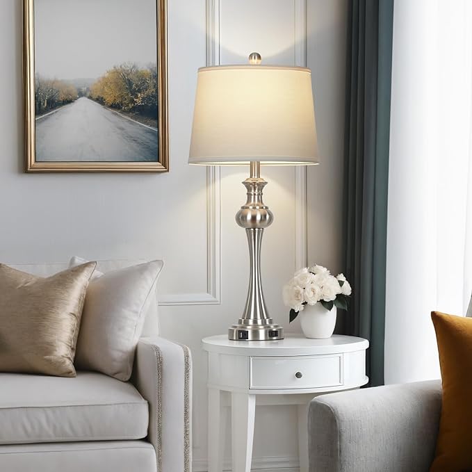 28.75" Silver Table Lamps for Living Room,Touch Lamps for Bedrooms Bedside Lamp 3-Way Dimmable Touch Control, Modern Silver Nightstand Lamp Fabric Shade Mid Century Accent Style(Bulb Inclued)