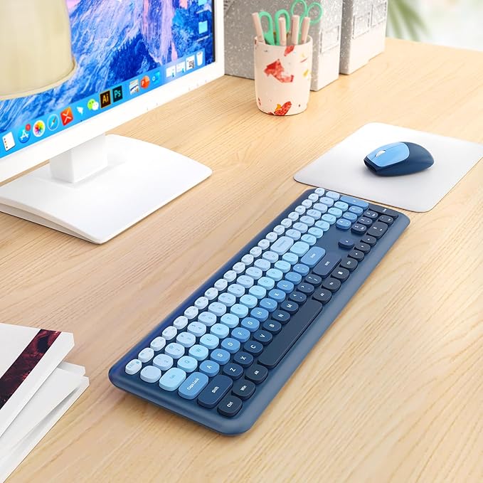 HotFox Wireless Keyboard and Mouse Combo, Full-Size Retro Typewriter Keyboard with Round Keycaps, Ergonomic Design for Windows PC, Home and Office Use -Blue