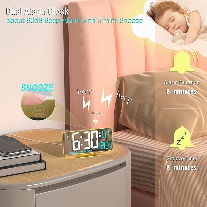 KOSUMOSU Dual Alarm Clock 6.7in Gold Desk Clock with Dimming, 12/24h, Seconds, Date, Day of Week, Temp, Digital LED Clock for Bedroom, Digital Calendar Clocks for Living Room Gold Desk Accessories