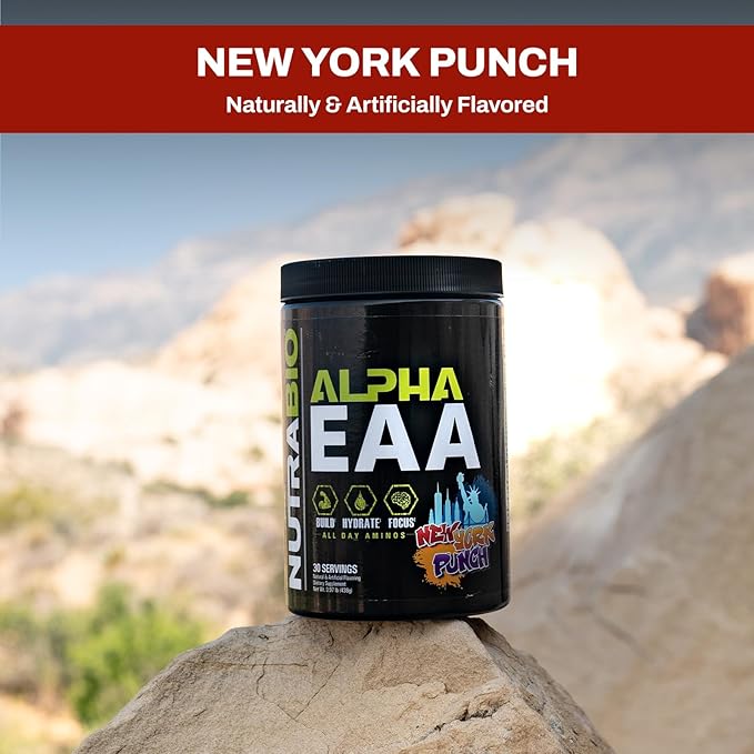 NutraBio Alpha EAA - All-Day Amino Acids for Muscle Growth and Hydration - Essential Amino Acids with Nootropics & Adaptogens- Full Spectrum EAA BCAA Powder - 30 Servings - New York Punch