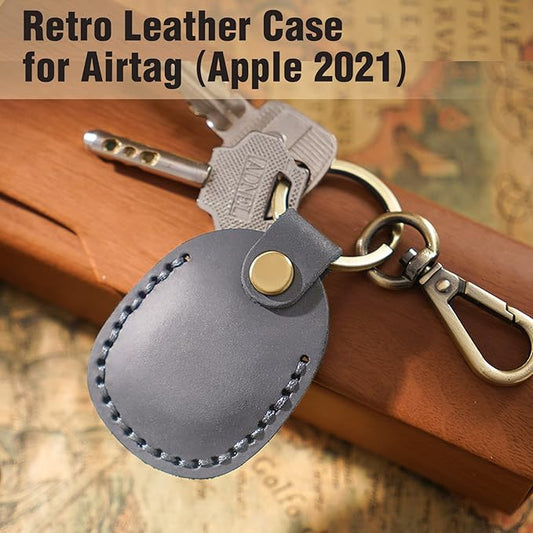 Genuine Leather Airtag Holder, Portable Air Tag Keychain with Key Rings Full Coverage Air Tags Hidden Case Cover Compatible for AirTags Grey