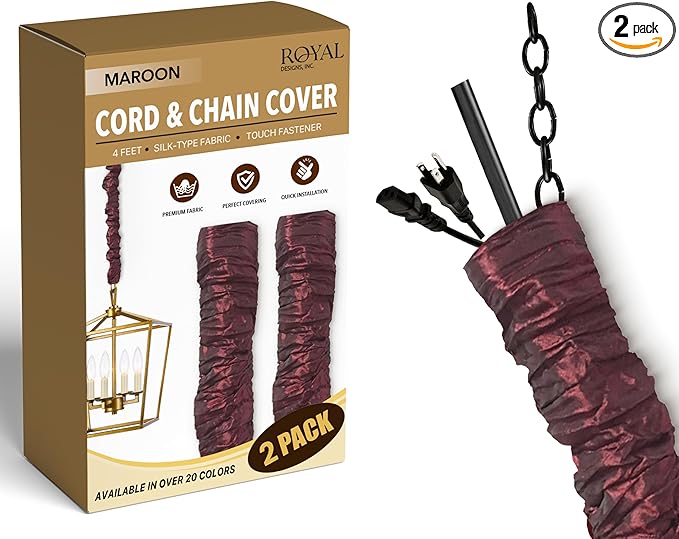 Royal Designs, Inc. Cord & Chain Cover 4 ft Silk Type Fabric, Chandelier Pendant Lighting Chain & Cable Management, Touch Fastener, Maroon - 2 Pack