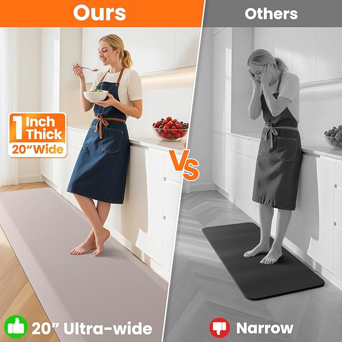 Kitchen Mats for Floor, 1 Inch Extra-Thick Kitchen Rugs, Non-Slip & Waterproof Standing Desk Mat, Comfort Anti Fatigue Mats for Kitchen Floor, Home, Sink, Office (20" X 72", Khaki)