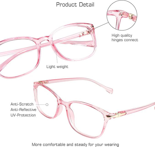 VisionGlobal Blue Light Blocking Glasses for Women, Anti Eyestrain, Computer Reading, TV Glasses, Stylish Square Frame, Anti Glare(Clear Pink,+1.50 Magnification)