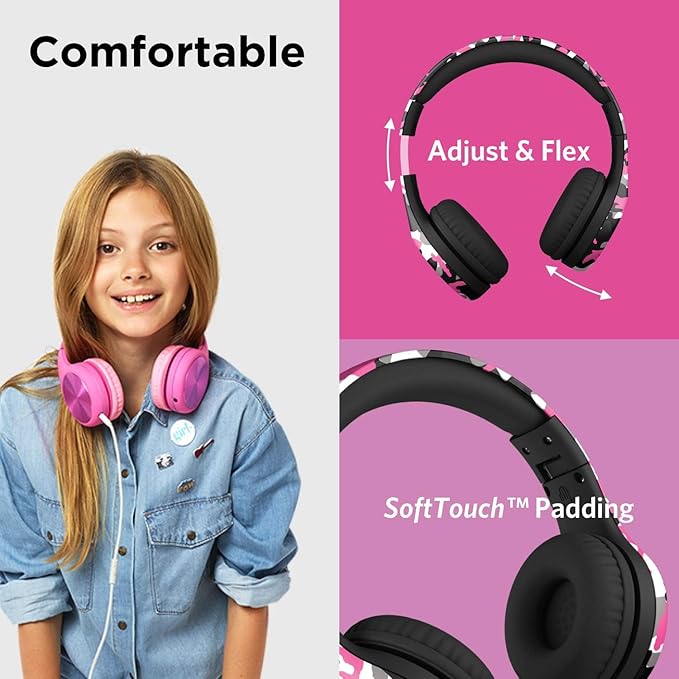 LilGadgets Connect+ Pro Wired Kids Headphones for School w/Microphone, Volume Limiting & Noise Reducing Over-Ear Headset w/Cord, SharePort Technology & SoftTouch Padding, Pink Camo Wired Headphones