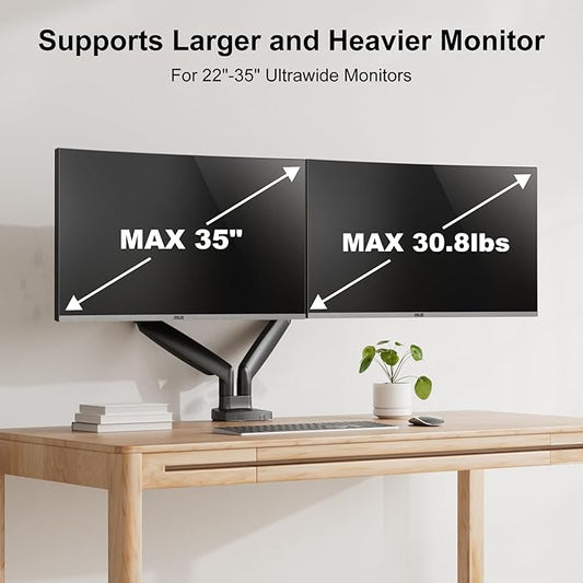 Dual Ultrawide Monitor Mount for 22-35 inch Computer Screens, 2 Monitor Arm Stand with Gas Spring System Each Holds up to 30.8lbs, Full Motion Height Adjustable, VESA 75x75/100x100mm