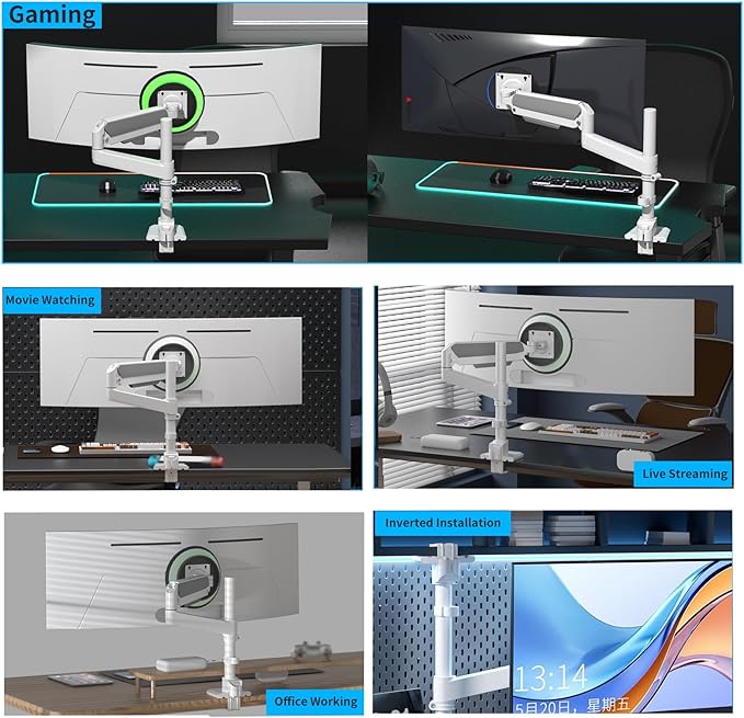 Monitor Arm for 17 to 60 inch, Hold 44 lbs, Fully Adjustable Heavy Duty Desk Mount, Monitor Stand Fit 57 55 49", Ultrawide Monitors Bracket Clamp/Grommet Base VESA 75x75/100x100 (White)