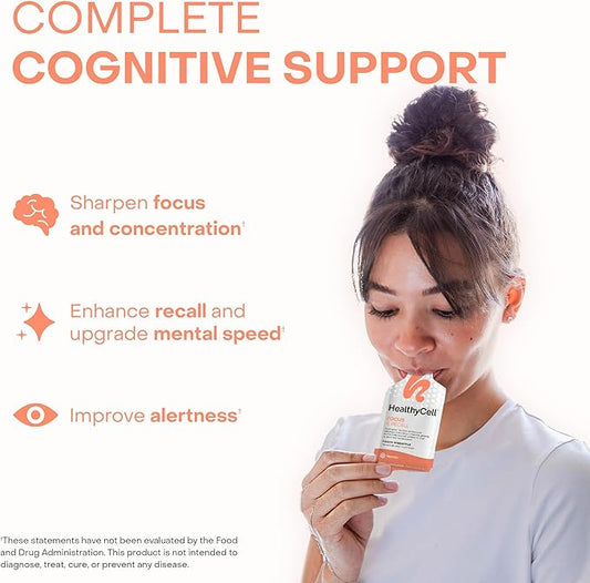 Healthycell Focus & Recall, Daily Liquid Brain Supplement for Focus & Memory - Nootropics Supplement for Concentration & Alertness with L-Theanine, Omega-3 & Taurine - 30 Gel Packs