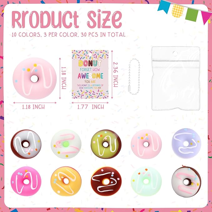 Wettarn 30 Sets Donut Stress Balls with Inspirational Support Card, Donut Relief Toy Thank You Gifts Employee Appreciation Gifts for Coworker Staff Teacher Classroom Rewards Party Favors