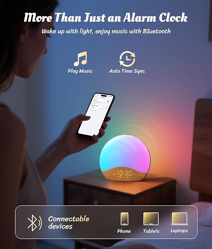 ecozy Wood Grain Sunrise Alarm Clock, White Noise Sound Machine, Music-Sync Lights, Upgraded Backlit Buttons for Bedrooms, 26 Soothing Sounds, 17 Night Lights, Wake Up Light for Heavy Sleepers