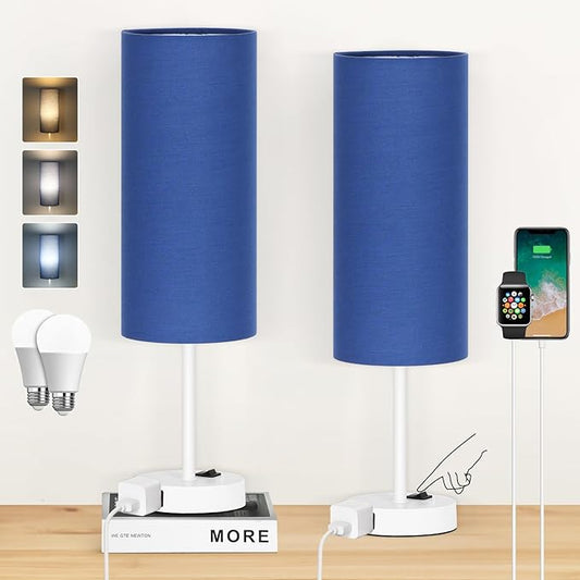 ZJOJO Table Lamp for Bedroom 2 Pack,18in Bedside Lamps with 3 Way Dimmable Rocker Switch & AC Outlet,Nightstand Desk Lamp with Blue Fabric Shade White Base for Living Room Home Decor Lights