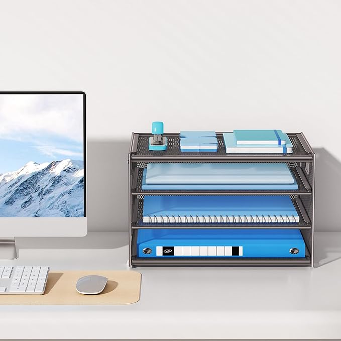 Lavatino 3-Tier Letter Tray Desk Organizer, Mesh Metal Paper File Tray Organizer for Desk, Office Supplies & Home Organization, Fits A4 Paper, Mail, Magazines & Office Accessories (Grey with Handle)